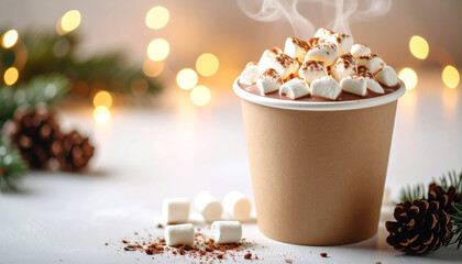 Paper cup with hot chocolate and fluffy marshmallows, festive and holiday mood. Tasty drink.