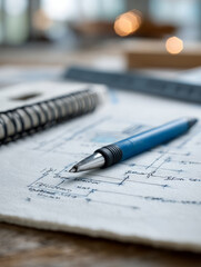Pen on architectural blueprints with depth of field and bokeh lighting.