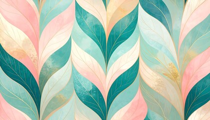 Abstract leaf pattern, pastel colors, gold accents