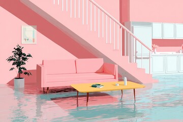 Fototapeta premium Pink interior flooded with water.