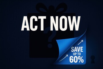 Fototapeta premium Promotional banner featuring ACT NOW and SAVE UP TO 60% offer, sleek modern style, enticing retail discount promotion.
