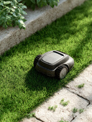 Robotic lawn mower on a green lawn with paving stones.