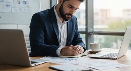A focused businessman, dressed in a navy suit and white shirt, meticulously takes notes in a notebook, surrounded by paperwork and a laptop, in a well-lit modern office setting.
