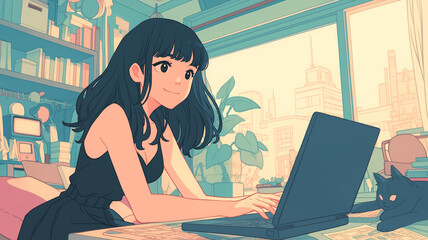 モダンなアニメ調イラスト 自宅でノートパソコンを操作する女性の姿 部屋に飾られた観葉植物や本が映えるシーン フリーランス テレワーク 在宅勤務やクリエイティブ作業を表現する素材