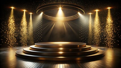 Elegant illuminated stage with golden spotlights and shimmering particles for product presentation