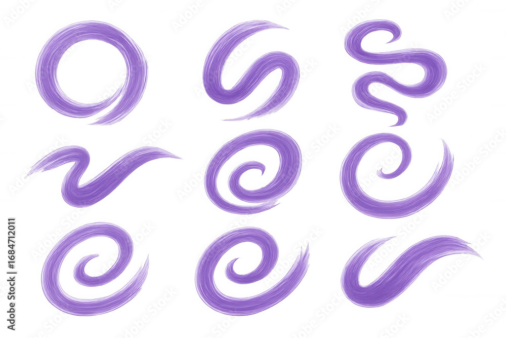 Poster purple swirling graphic elements blending smoothly, creating dynamic abstract patterns with fluid mo
