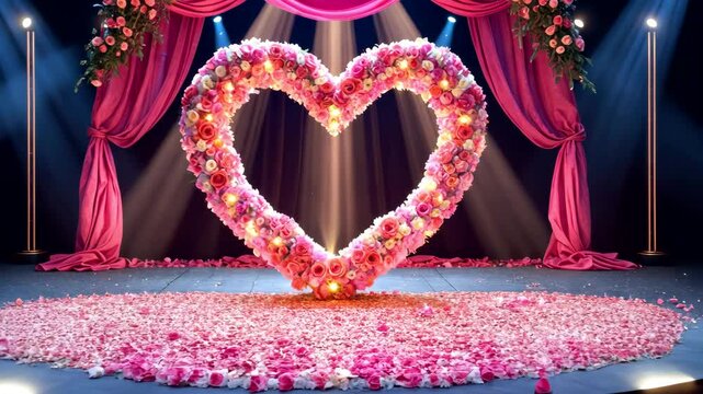 Romantic stage decorated with glowing pink floral heart surrounded by rose petals and elegant curtain backdrop
