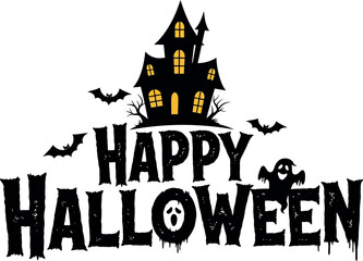 Happy halloween spooky haunted house with bats ghosts and creepy font celebration design vector