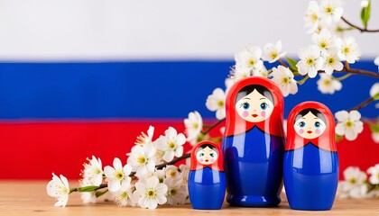 Three brightly decorated Russian nesting dolls on the background of the Russian flag and white apple trees in bloom