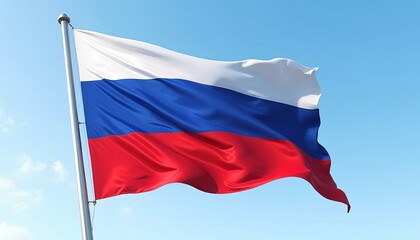 Fototapeta premium The flag of the Russian Federation on a flagpole, fluttering in the wind, against the sky