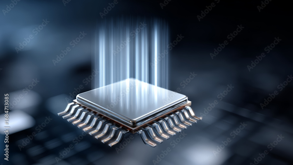 Aufkleber artificial intelligence chip glowing with light beams symbolizing advanced technology and stock mark