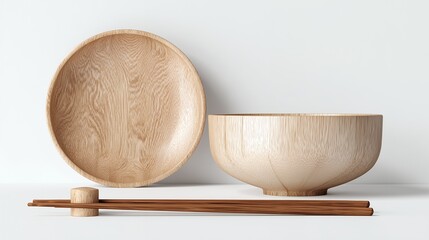 Empty wooden bowl and chopsticks isolated on a white background