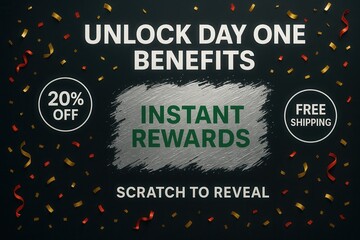 Obraz premium Unlock DAY ONE BENEFITS with 20% OFF and FREE SHIPPING, metallic promotional style, exciting retail discount offer.