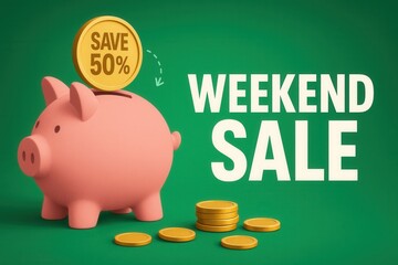 Weekend sale with SAVE 50% discount offer, playful style, appealing retail sale promotion.