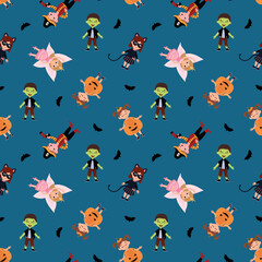Halloween Costume Characters Pattern on Blue. Endless textures for your design
