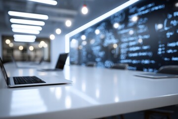 Fototapeta premium Startup workspace desk surface in sharp focus with blurred creative office background, symbolizing entrepreneurship and innovation.