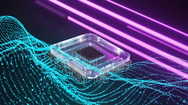 Abstract digital rendering of a computer chip, with vibrant neon light and data waves - Powered by Adobe