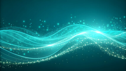 Abstract Teal and Turquoise Shimmering Waves with Glowing Particles and Sparkling Dust Background image