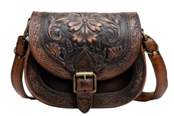 Ornate embossed leather saddle bag with floral motifs isolated on transparent background