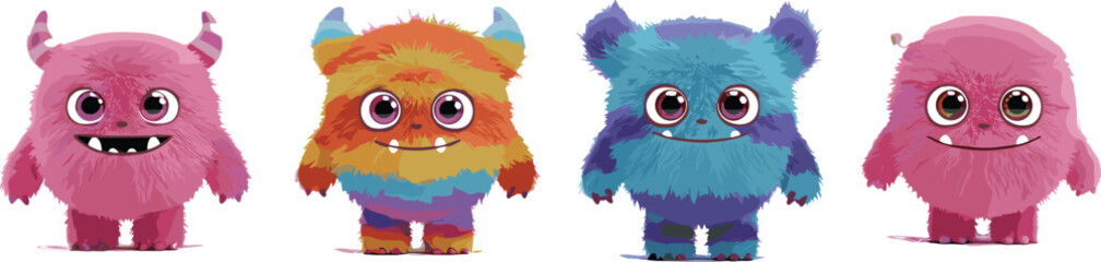 Cute cartoon monster characters, furry fantasy creatures, colorful vector illustration, children mascot design, playful monster clipart, funny expressions, adorable creature art, fantasy character set