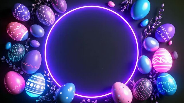 Easter eggs with neon light and copy space forming a circular frame.