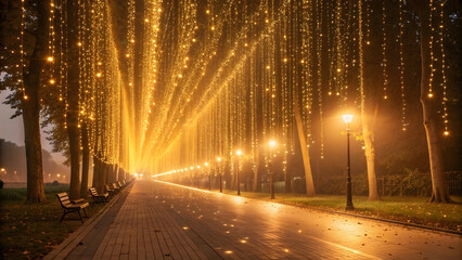 Golden String Lights Cascading Diagonally Along a Nighttime Park Pathway Illuminated by Street Lamps and Fog Softly Enveloping the Scene Creating a Warm and Magical Ambiance