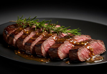 Sizzling, perfectly cooked steak with vibrant rosemary garnish and flavorful sauce, ready to eat