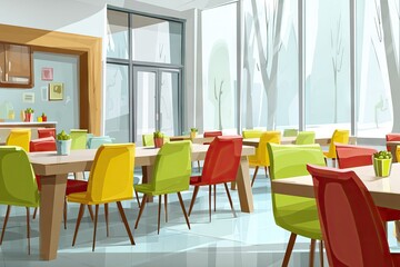 Fototapeta premium Colorful cafeteria interior with large windows.