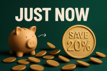 Eye-catching banner with JUST NOW and SAVE 20% offer, modern glossy style, compelling retail discount promotion.