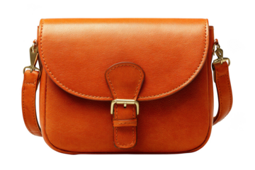 Elegant orange leather crossbody bag with brass buckle isolated on transparent background