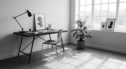 Black and white minimalist home office setup with desk lamp and plant near window with sunlight ai generated