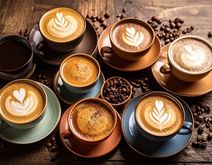 An overhead view of multiple coffee cups with beautiful latte art, surrounded by scattered coffee beans on a rustic wood table. Great for cafes and coffee culture.

