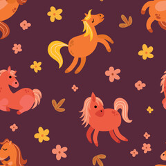 Seamless Pattern With Cartoon Horses and Flowers. Design for fabric, textile, wallpaper, packaging

