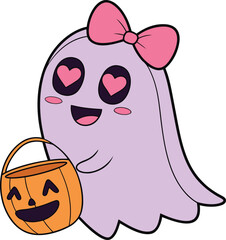 Vector art of cute cartoon ghost with a pink bow and a jackolantern candy bucket