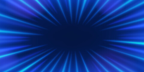 Blue light speed motion effect background. Neon burst radial rays. Futuristic glowing beams illustration © Olena Go