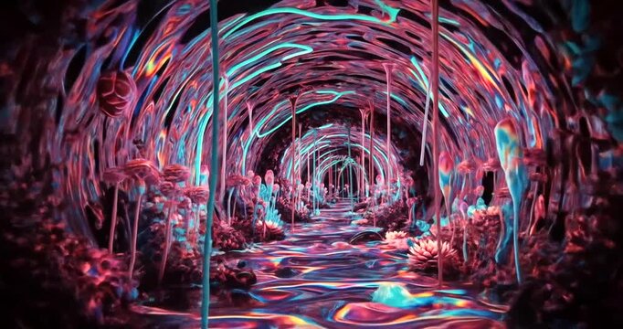 A vibrant, surreal tunnel with dripping colors and fantastical flora.