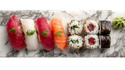 Assortment of fresh sushi and maki rolls isolated on transparent background