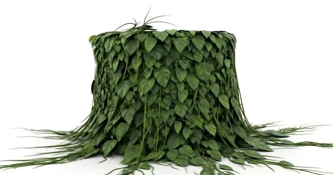 Lush greenery completely covers a cube-shaped object, cascading down in a vibrant display of nature.