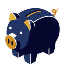 Modern, clean vector icon of a dark blue piggy bank. Ideal for financial savings, investment, banking, and wealth management concepts. Perfect for web design, apps, and educational graphics.