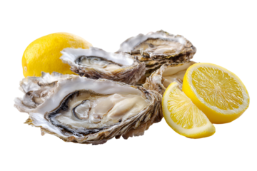 Fresh oysters and lemon slices isolated on transparent background