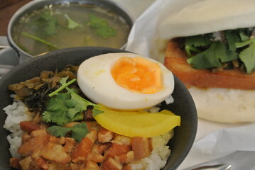 chinese pork rice and bun with soup