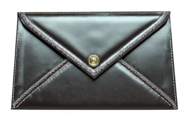 Elegant brown leather envelope clutch with gold clasp and decorative trim isolated on transparent background