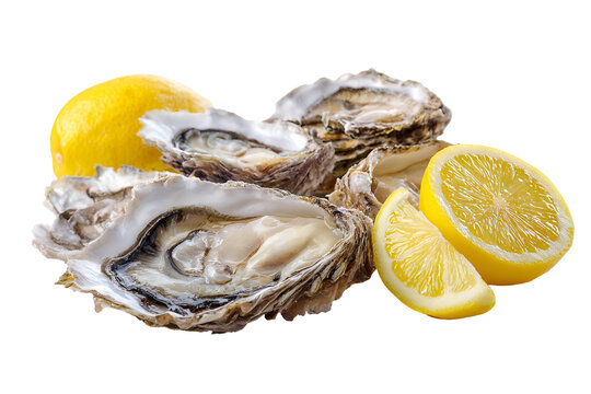 Fresh oysters and lemon slices isolated on transparent background