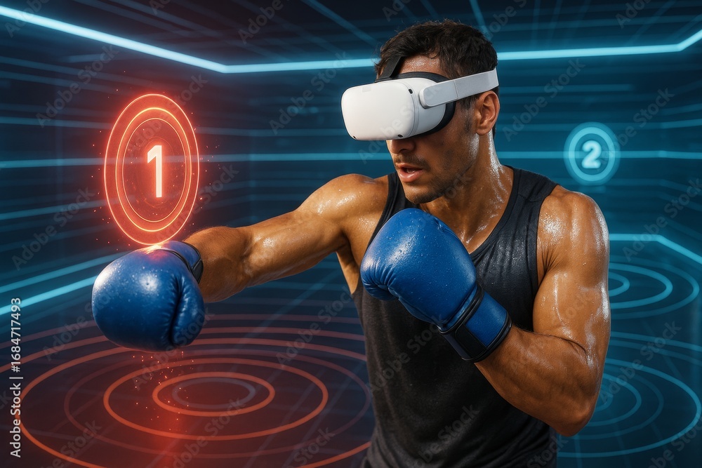 Poster man boxing with vr headset using blue gloves in futuristic digital environment with glowing targets 
