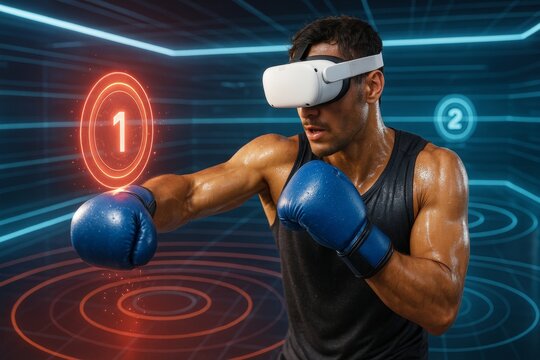 Man boxing with VR headset using blue gloves in futuristic digital environment with glowing targets as part of immersive fitness hobby concept. Ai generative - Powered by Adobe