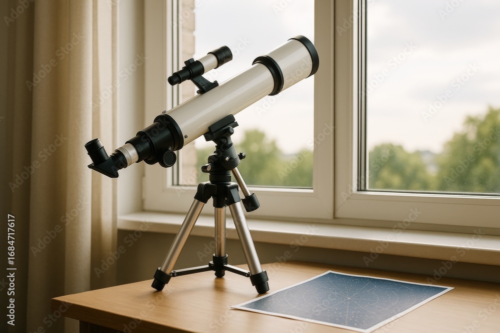 Poster telescope on tripod aimed through window with star chart on wooden table in softly lit room, symboli