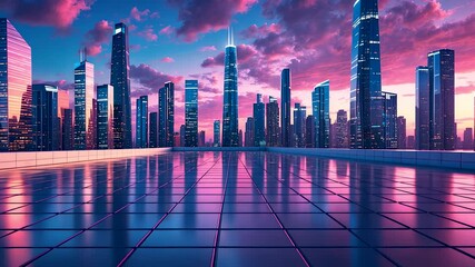 Futuristic city skyline with tall skyscrapers reflecting colorful dramatic sunset sky over modern urban platform - Powered by Adobe