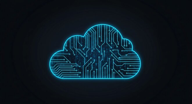 Vibrant blue digital cloud circuitry with binary code glowing against a dark, modern tech background, symbolizing data and connectivity