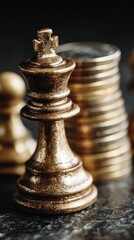 Golden Chess King and Stacked Coins Representing Strategy and Financial Prosperity