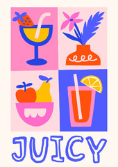 Summer cocktails vector illustrations. Bold bright poster design with juicy drinks, flowers, fruits
